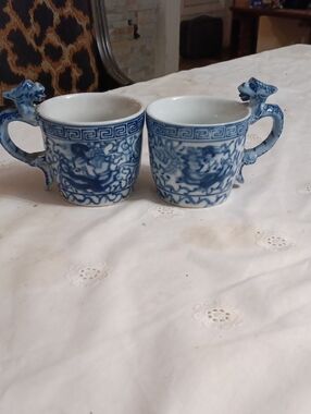 Blue and White Dragon Handle Porcelain Teacup Set - Brand Unspecified
